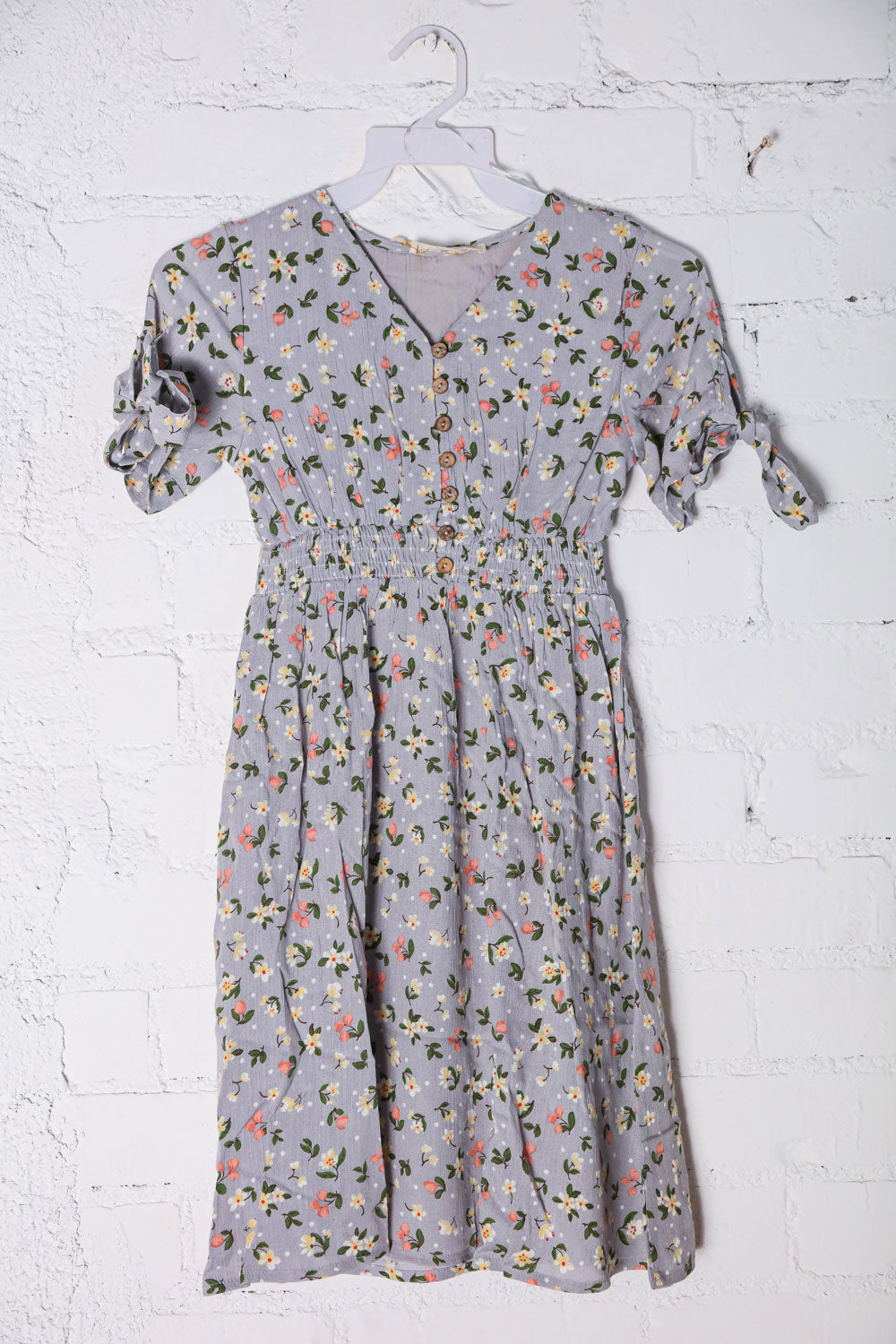 Kids Adorable Blue Smocked Waist Floral Bow Tie Sleeve Dress