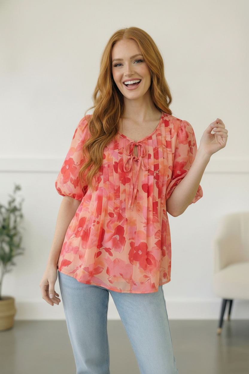 With a Rosy Glow Watercolor Pleated Top